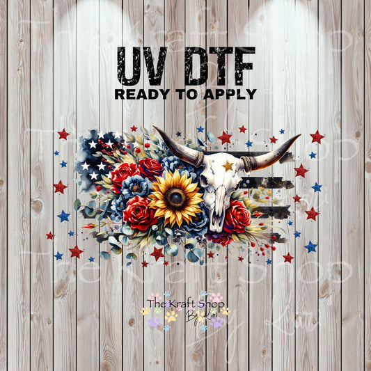 UV DTF Sticker print. Patriotic cow skull with flowers wrap or element decals tumbler decal. Glass can wrap. #5428