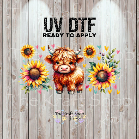 UV DTF Sticker print. Baby highland cow and sunflowers wrap or element decals tumbler decal. Glass can wrap. #5432