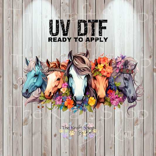 UV DTF Sticker print. Horses flowers watercolor wrap or element decals tumbler decal. Glass can wrap. #5433