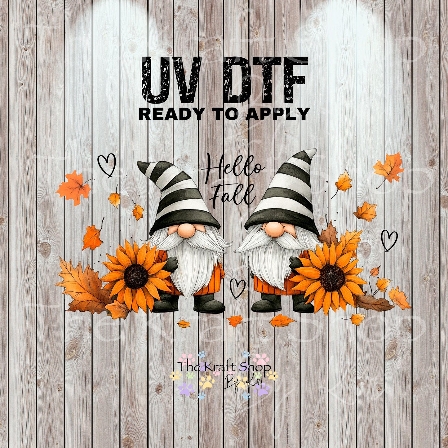 UV DTF Sticker print. Hello Fall Gnomes and sunflower wrap or element decals tumbler decal. Glass can wrap. #5435