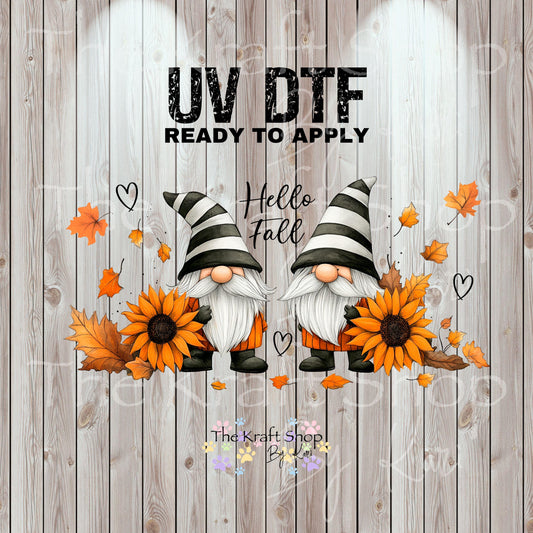 UV DTF Sticker print. Hello Fall Gnomes and sunflower wrap or element decals tumbler decal. Glass can wrap. #5435