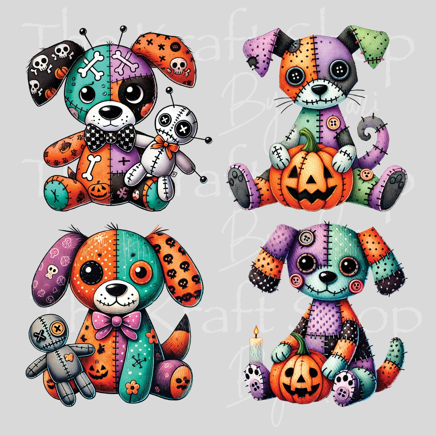 UV DTF Sticker prints. Patchwork Voodoo Dog Dolls 4 pk, permanent sticker.#7443