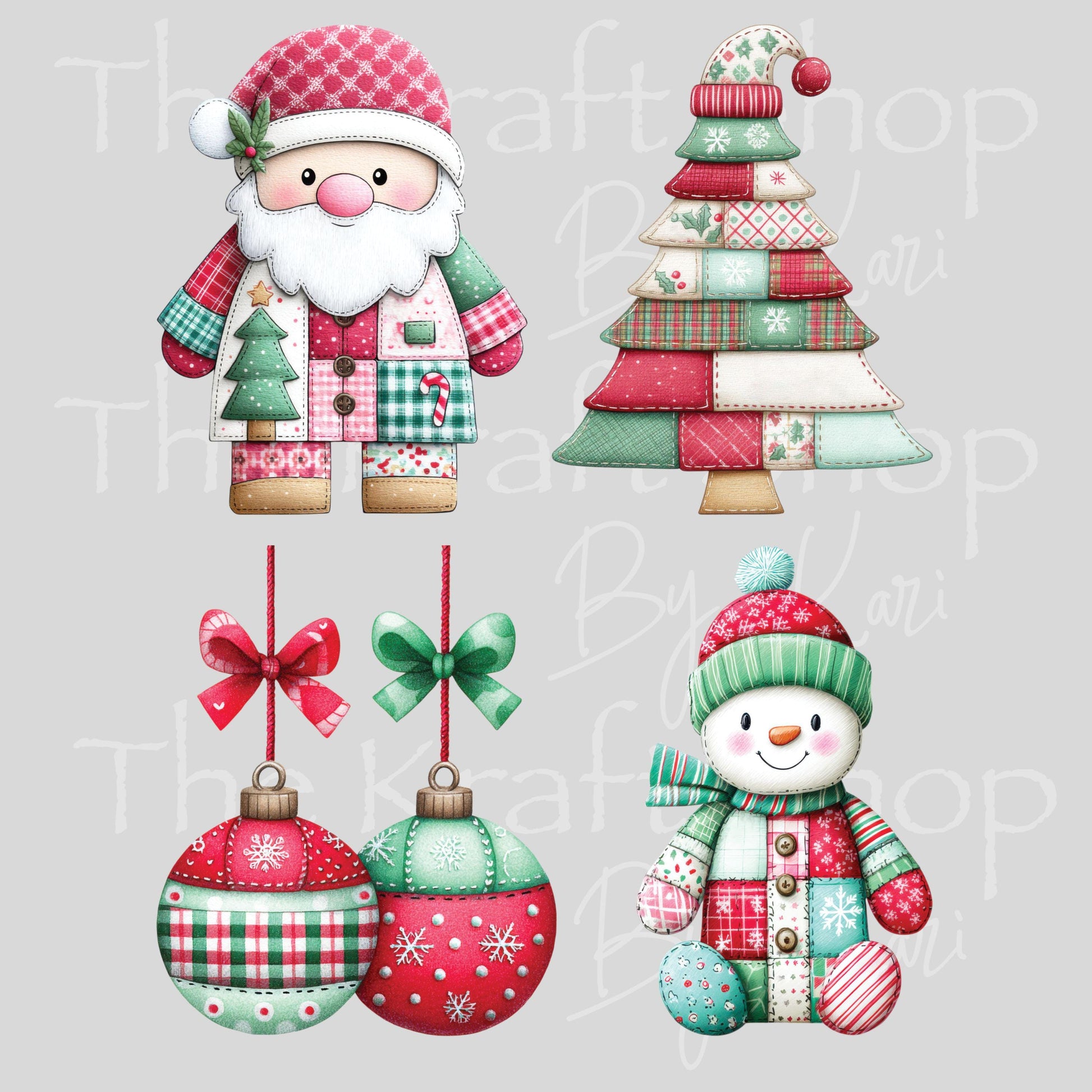 UV DTF Sticker prints. Christmas Patchwork Santa and Snowman 4 pk, permanent sticker.#7444