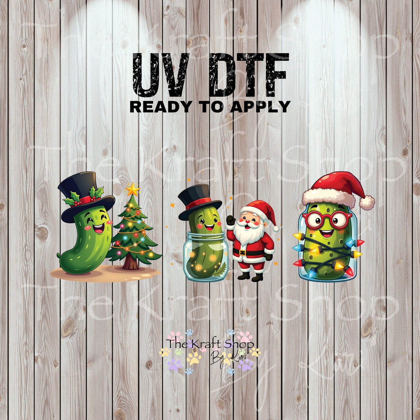UV DTF Sticker prints. Christmas pickles and Santa 3 pk, permanent sticker.#7443