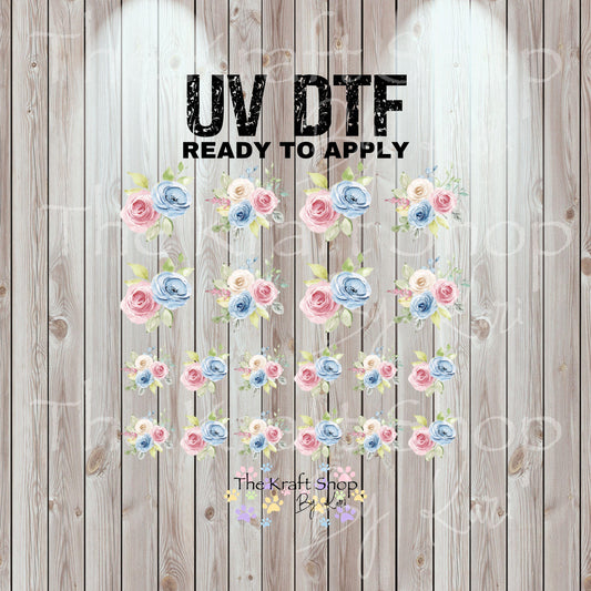 UV DTF Sticker prints. Pink blue flower watercolor element sheet bundle decal, permanent sticker. UV wrap for tumbler. #10350