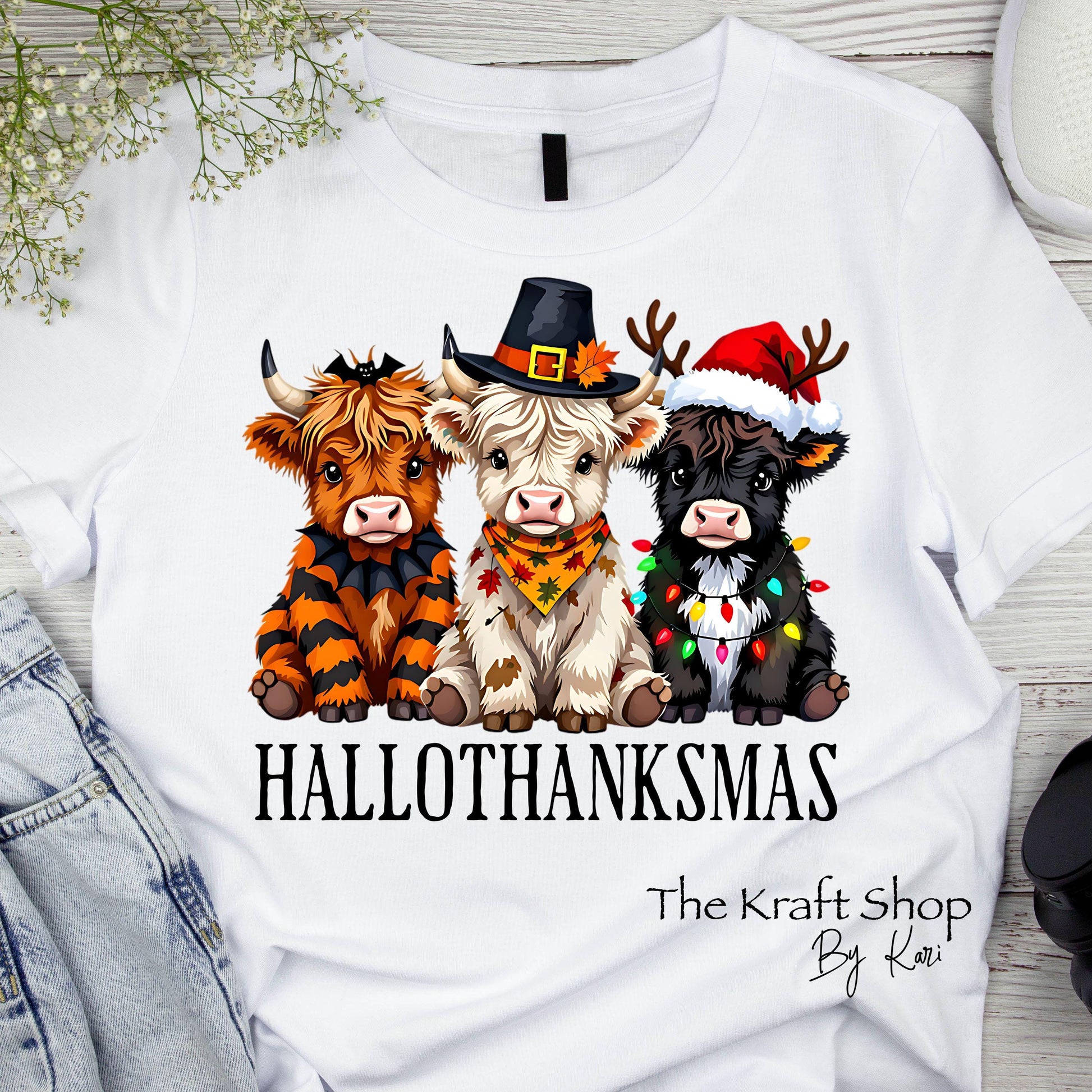 DTF ready to press transfer HalloThanksMas Highland Cow shirt transfer, DTF Print #11571