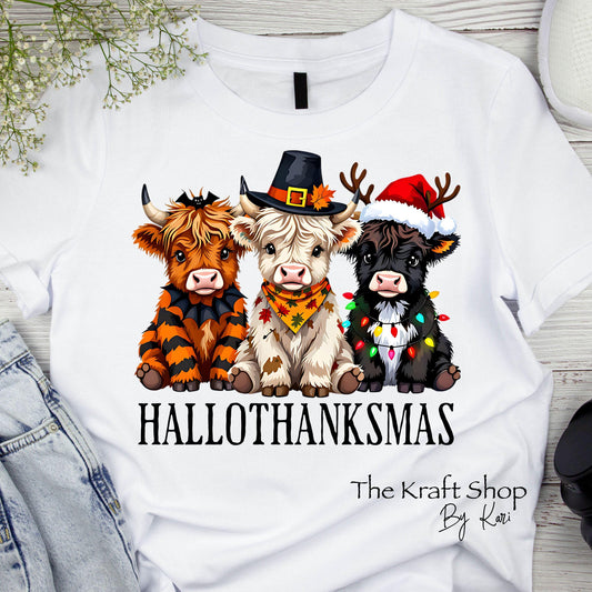 DTF ready to press transfer HalloThanksMas Highland Cow shirt transfer, DTF Print #11571