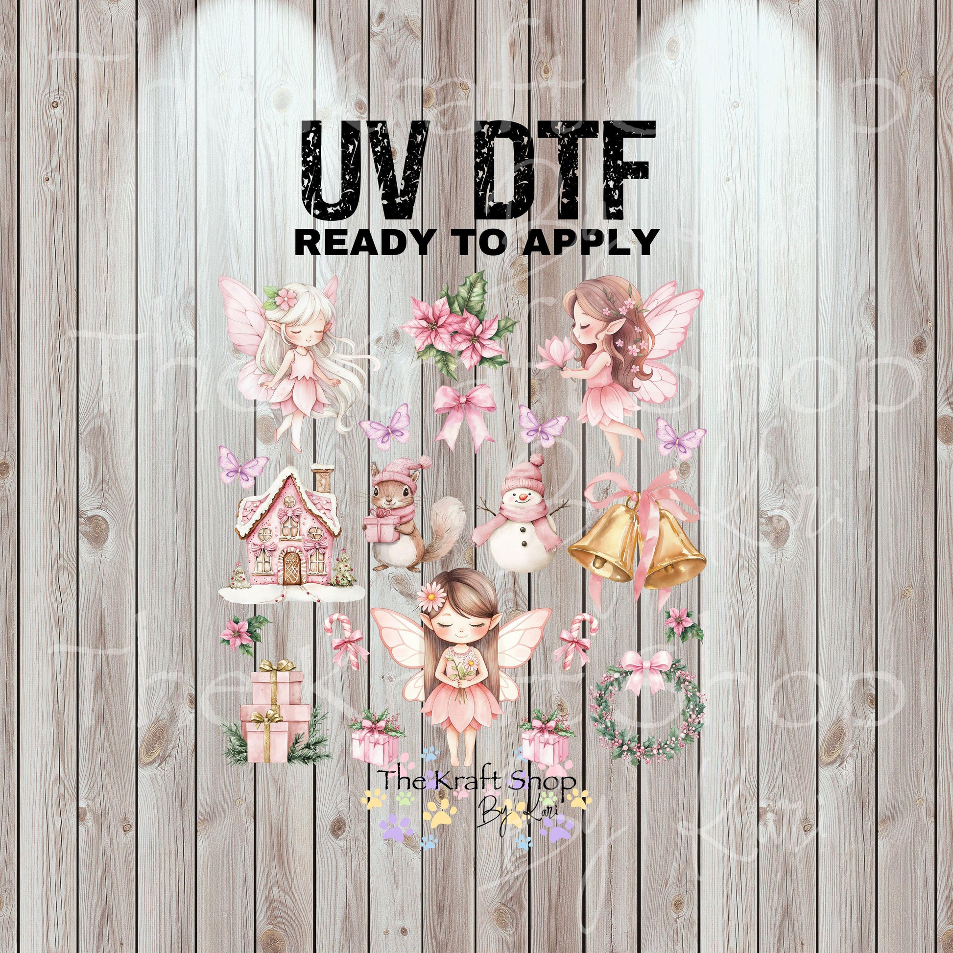 UV DTF Sticker print Pink Fairy Christmas Element sheet 8x8 decal, tumbler decal, permanent sticker. #7447