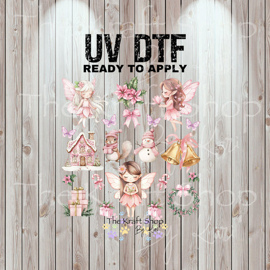 UV DTF Sticker print Pink Fairy Christmas Element sheet 8x8 decal, tumbler decal, permanent sticker. #7447