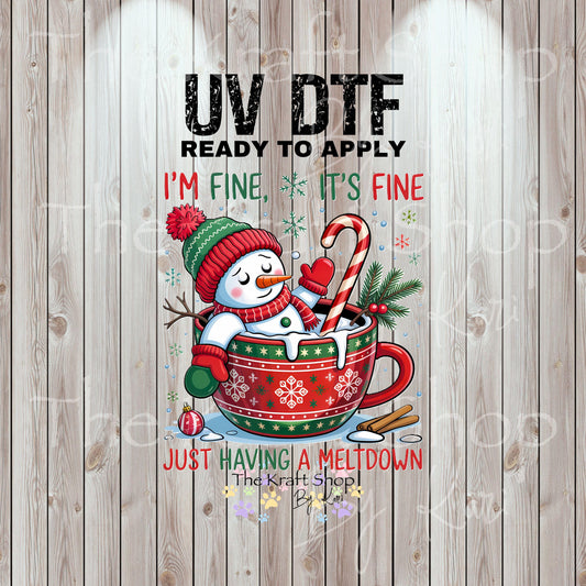 UV DTF Sticker prints. I'm fine It's fine snowman in a mug Merry Christmas decal, permanent sticker. #7451