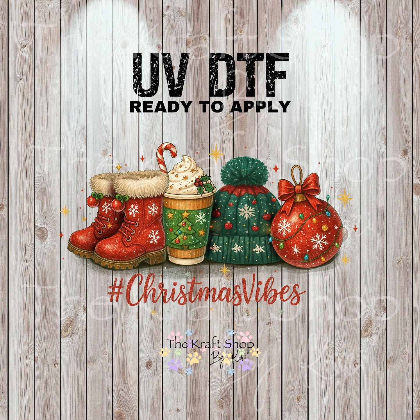 UV DTF Sticker prints. # Christmas vibes boots hat hot cocoa and ornament decal, permanent sticker. #7453