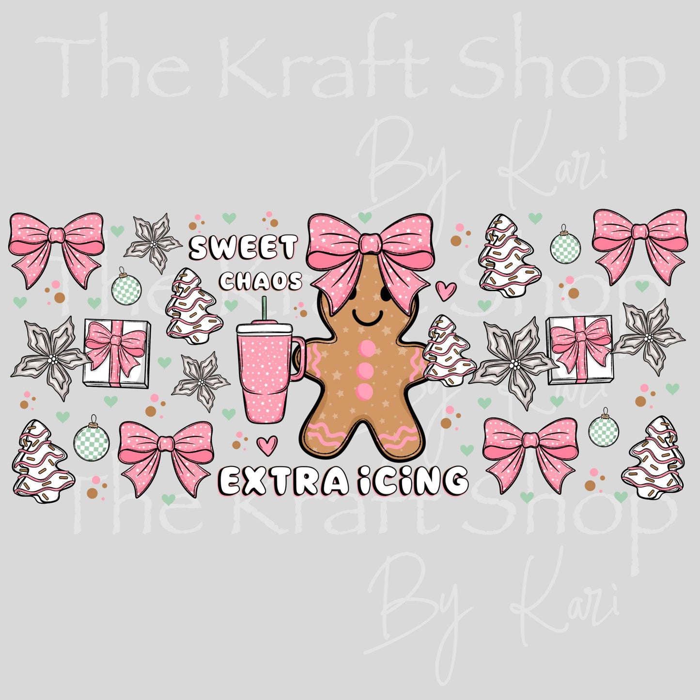 UV DTF Sticker print. Sweet chaos extra icing Christmas gingerbread Wrap decals tumbler decal. Glass can wrap. #5471