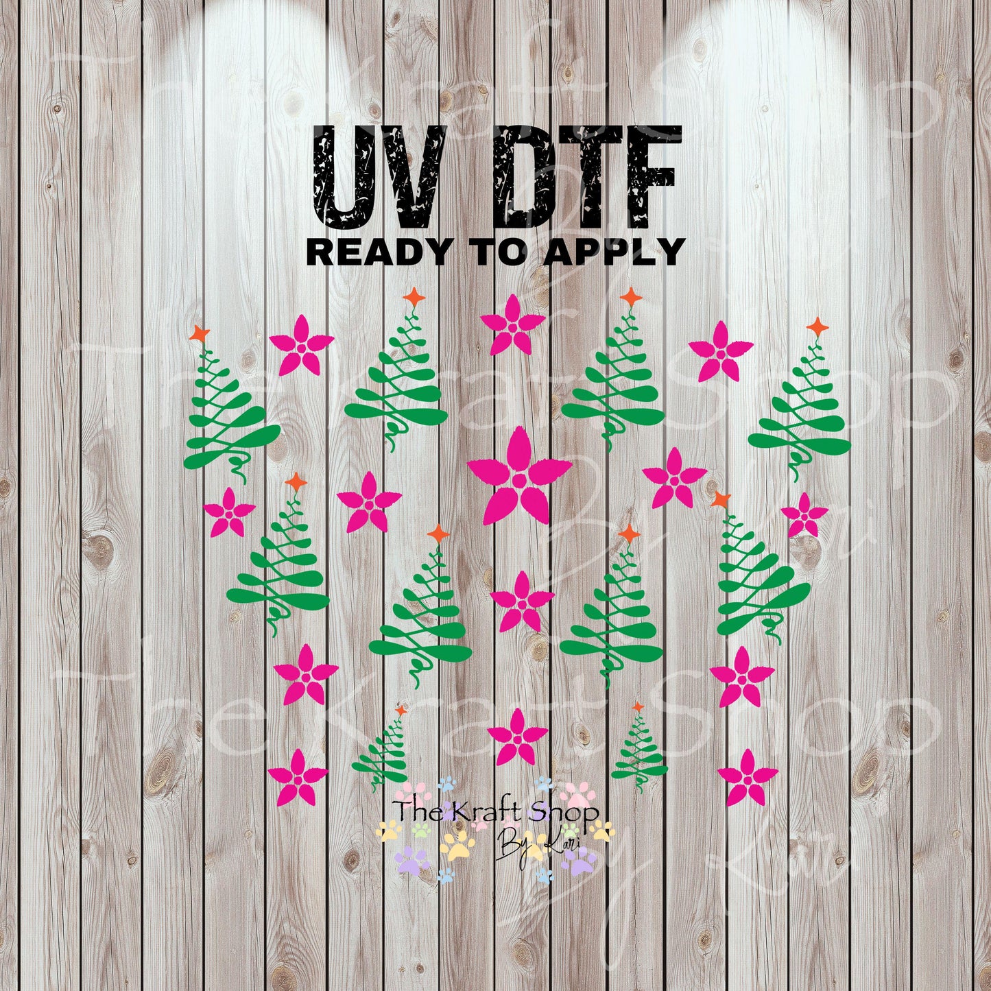 UV DTF Sticker print. Pink Flowers and Christmas trees 24 oz tapered wrap or element sheet of decals for acrylic tumblers #5441