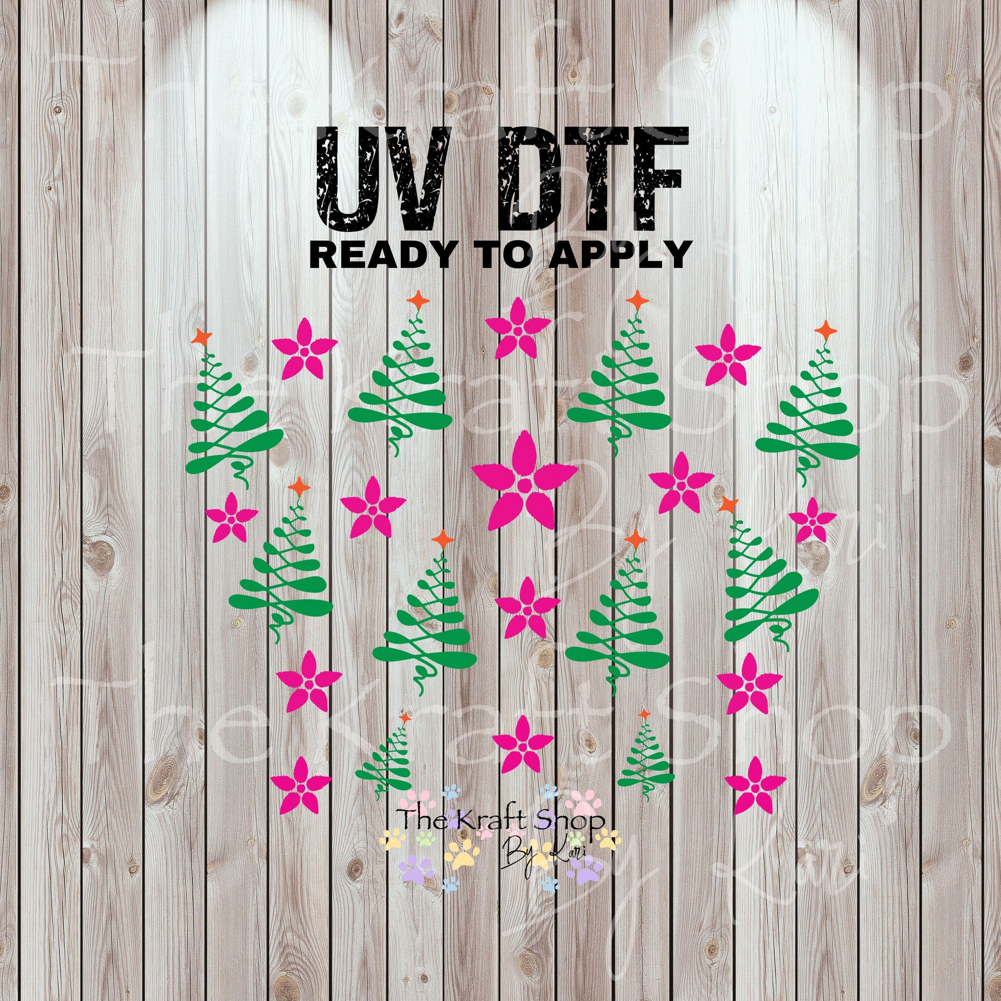 UV DTF Sticker print. Pink Flowers and Christmas trees 24 oz tapered wrap or element sheet of decals for acrylic tumblers #5441