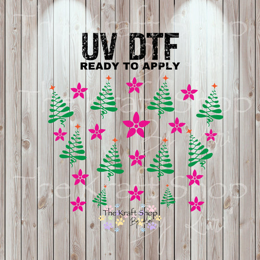 UV DTF Sticker print. Pink Flowers and Christmas trees 24 oz tapered wrap or element sheet of decals for acrylic tumblers #5441