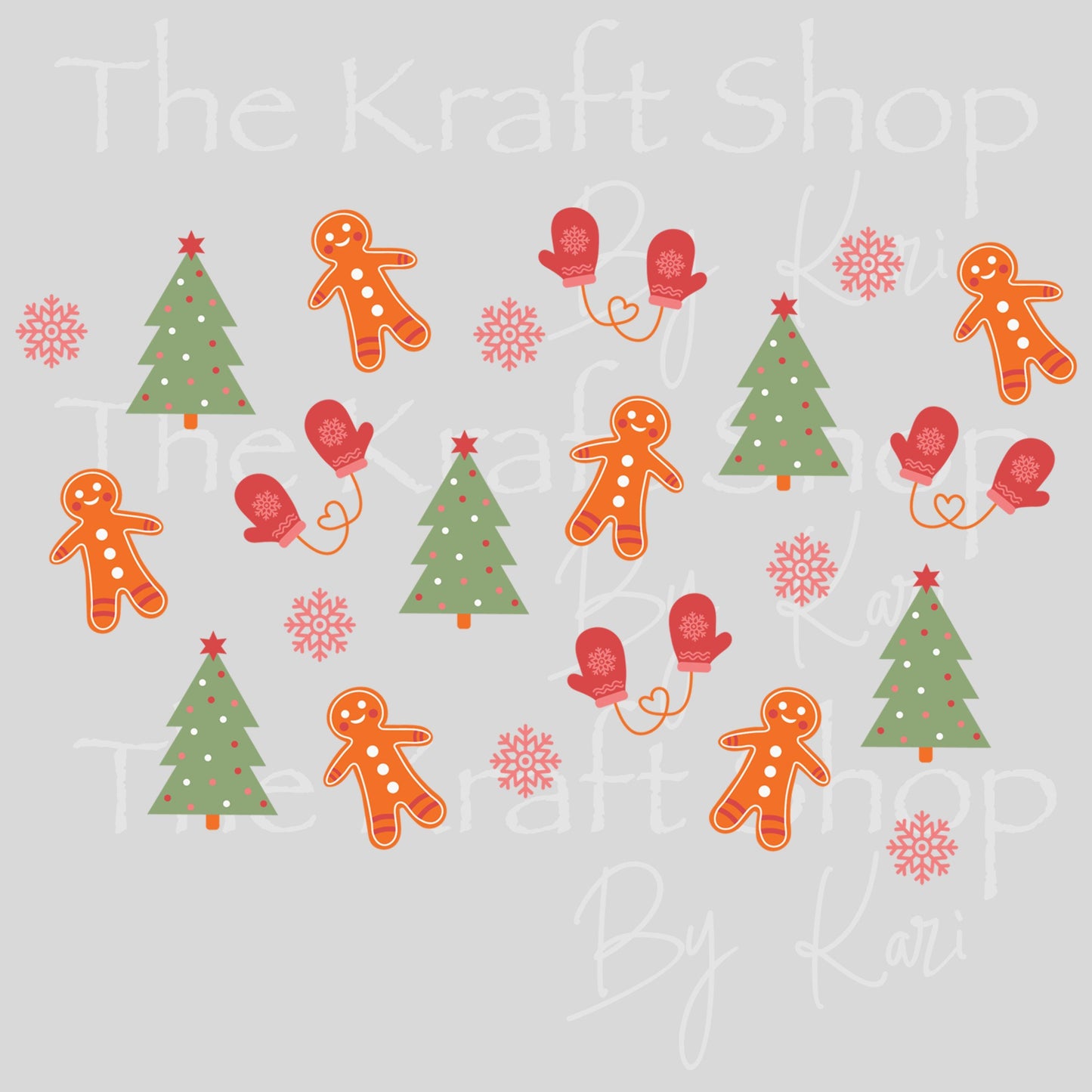 UV DTF Sticker print. Mittens Trees and Gingerbread 24 oz tapered wrap or element sheet of decals for acrylic tumblers #5442