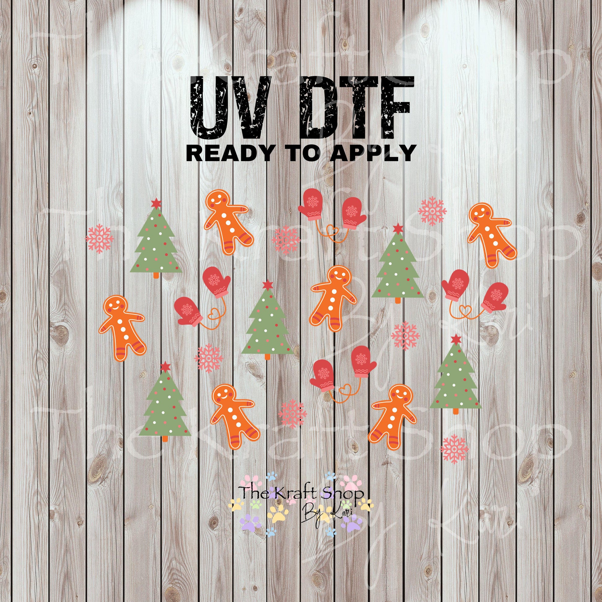 UV DTF Sticker print. Mittens Trees and Gingerbread 24 oz tapered wrap or element sheet of decals for acrylic tumblers #5442