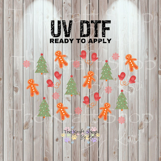 UV DTF Sticker print. Mittens Trees and Gingerbread 24 oz tapered wrap or element sheet of decals for acrylic tumblers #5442