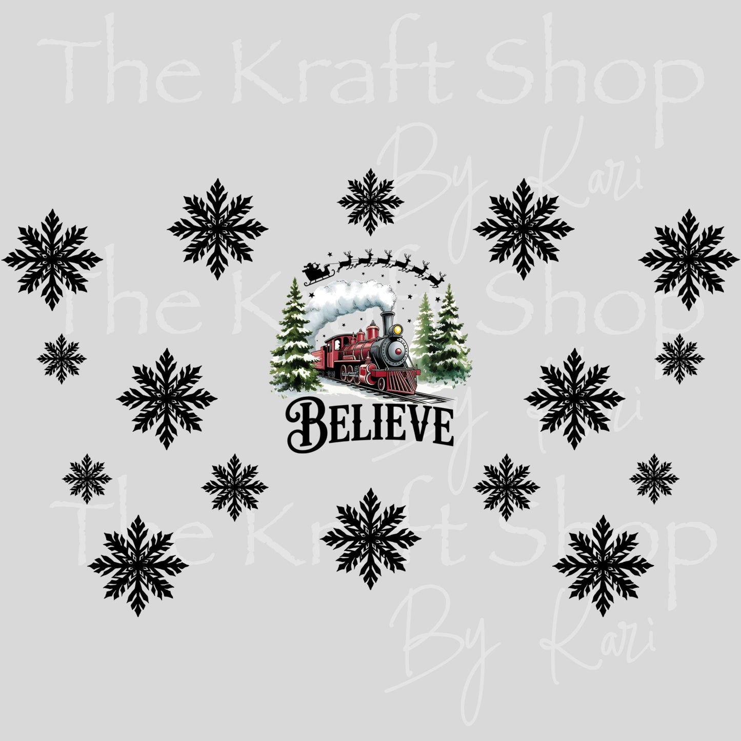 UV DTF Sticker print. Believe sleigh and snowflakes 24 oz tapered wrap or element sheet of decals for acrylic tumblers #5443