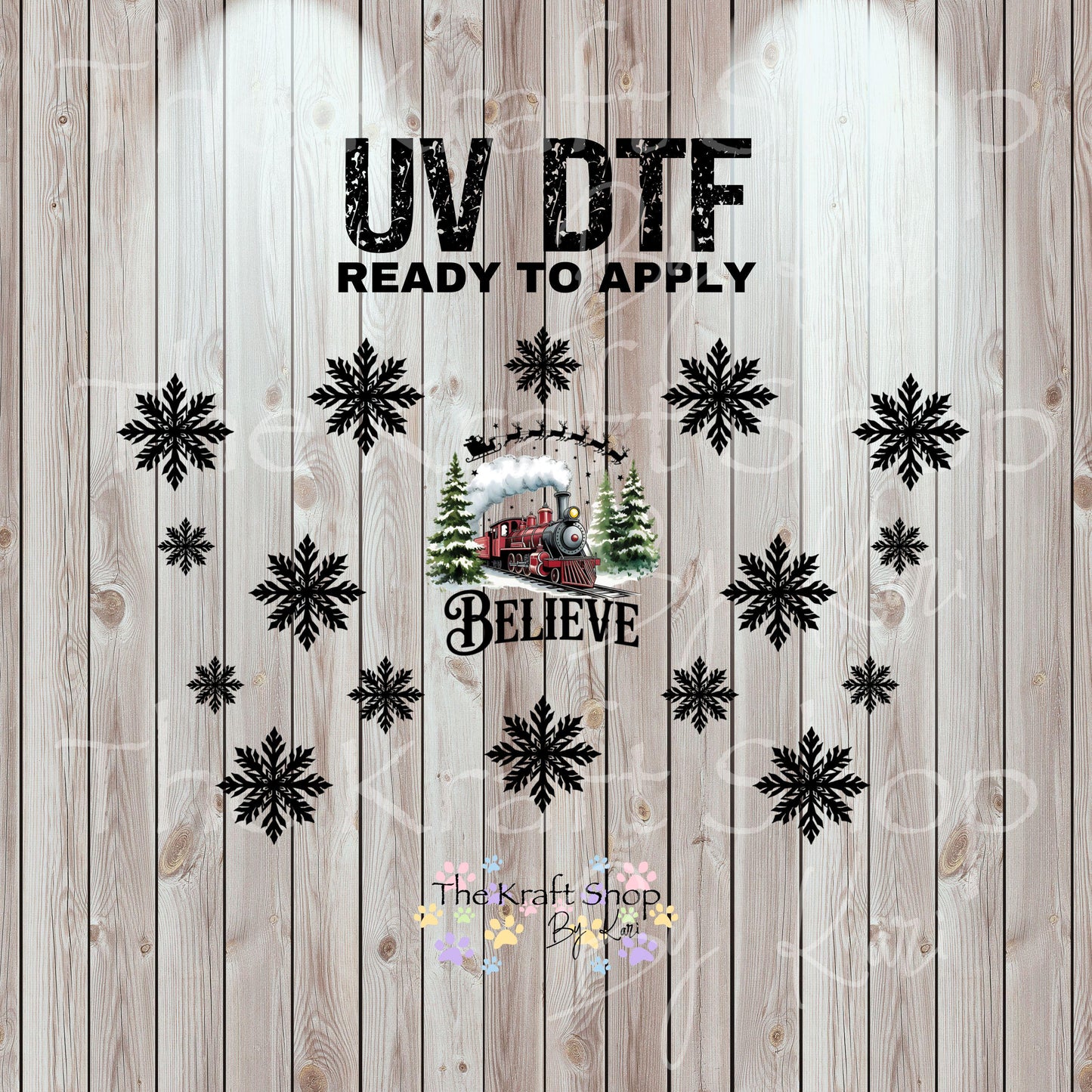 UV DTF Sticker print. Believe sleigh and snowflakes 24 oz tapered wrap or element sheet of decals for acrylic tumblers #5443
