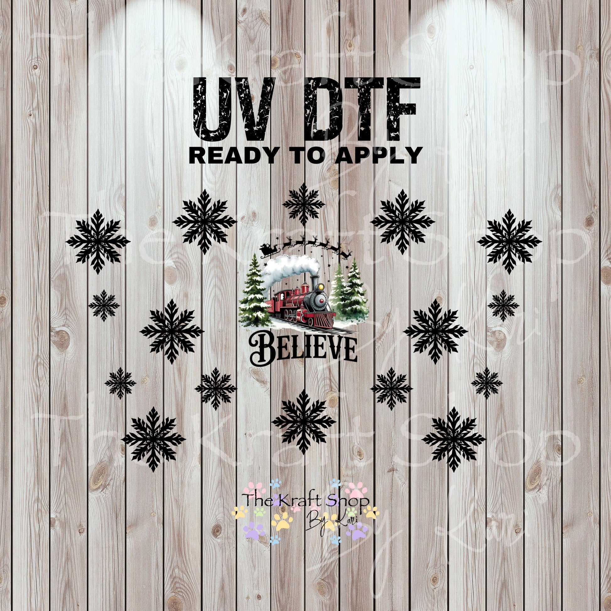 UV DTF Sticker print. Believe sleigh and snowflakes 24 oz tapered wrap or element sheet of decals for acrylic tumblers #5443
