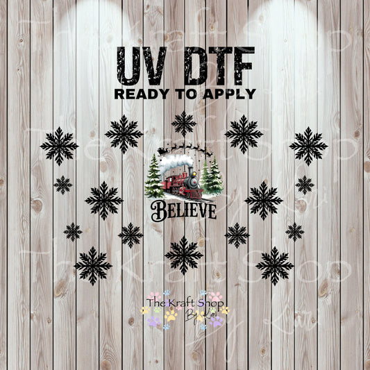 UV DTF Sticker print. Believe sleigh and snowflakes 24 oz tapered wrap or element sheet of decals for acrylic tumblers #5443