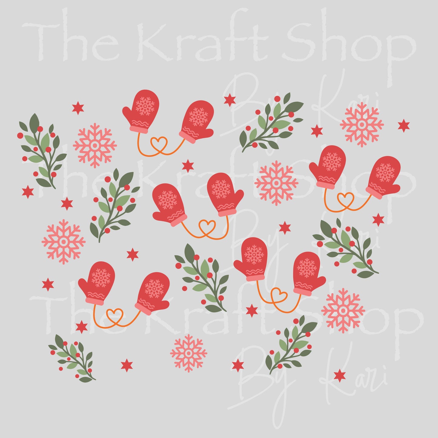 UV DTF Sticker print. Mittens snowflakes and holly 24 oz tapered wrap or element sheet of decals for acrylic tumblers #5445