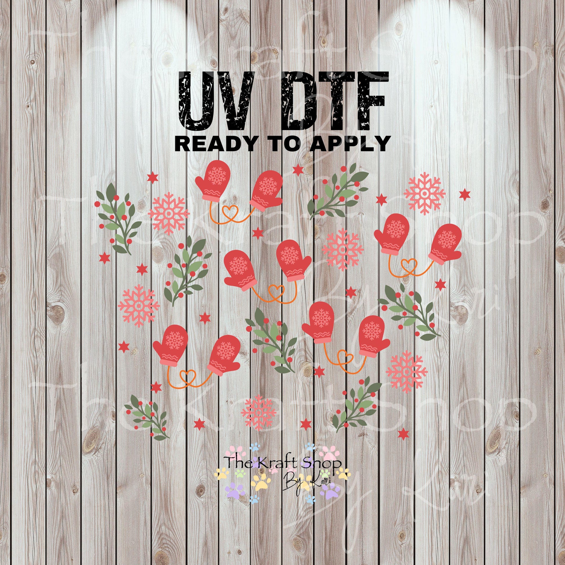 UV DTF Sticker print. Mittens snowflakes and holly 24 oz tapered wrap or element sheet of decals for acrylic tumblers #5445