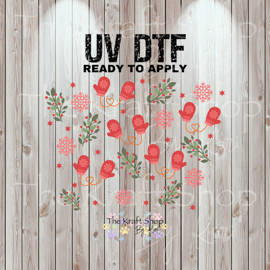 UV DTF Sticker print. Mittens snowflakes and holly 24 oz tapered wrap or element sheet of decals for acrylic tumblers #5445