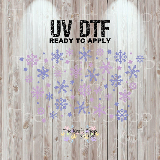 UV DTF Sticker print. Purple snowflakes 24 oz tapered wrap or element sheet of decals for acrylic tumblers #5448