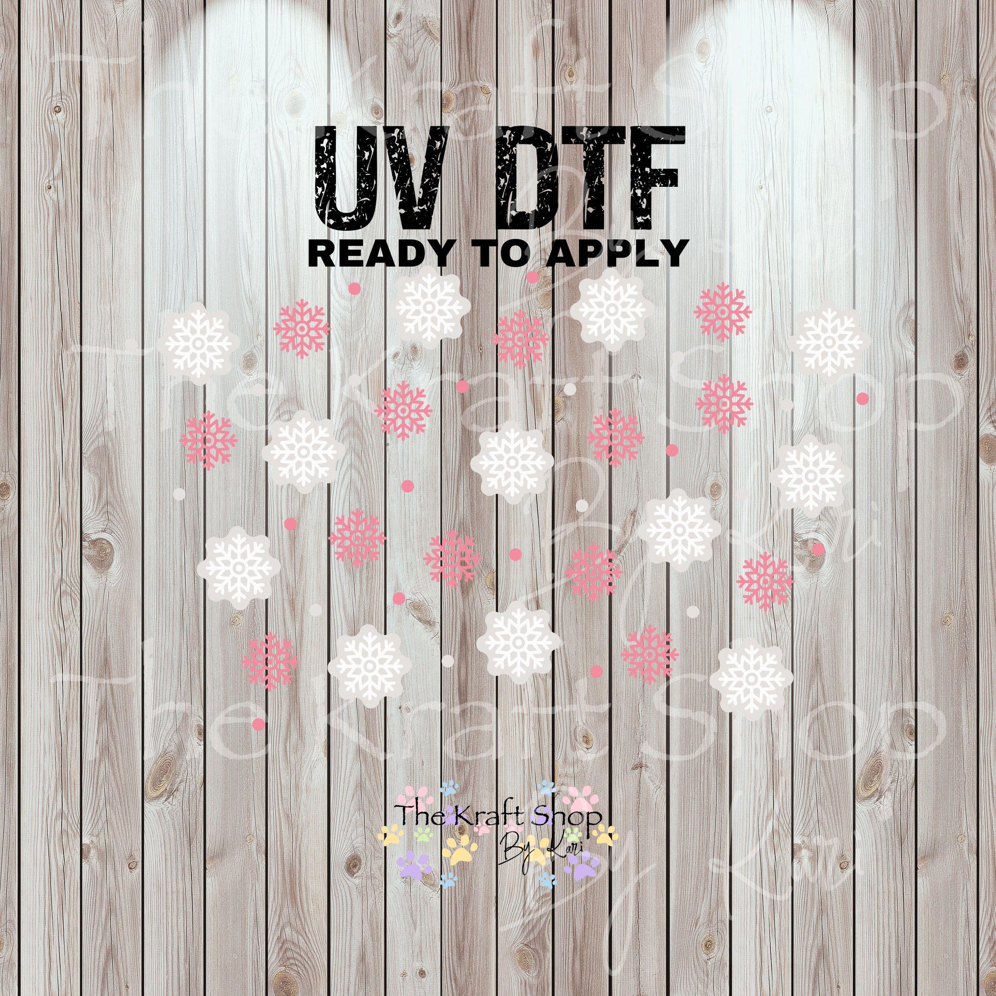 UV DTF Sticker print. Pink snowflakes 24 oz tapered wrap or element sheet of decals for acrylic tumblers #5448