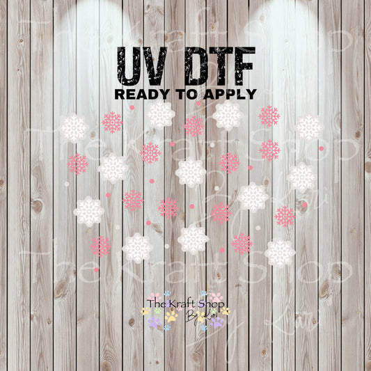 UV DTF Sticker print. Pink snowflakes 24 oz tapered wrap or element sheet of decals for acrylic tumblers #5448
