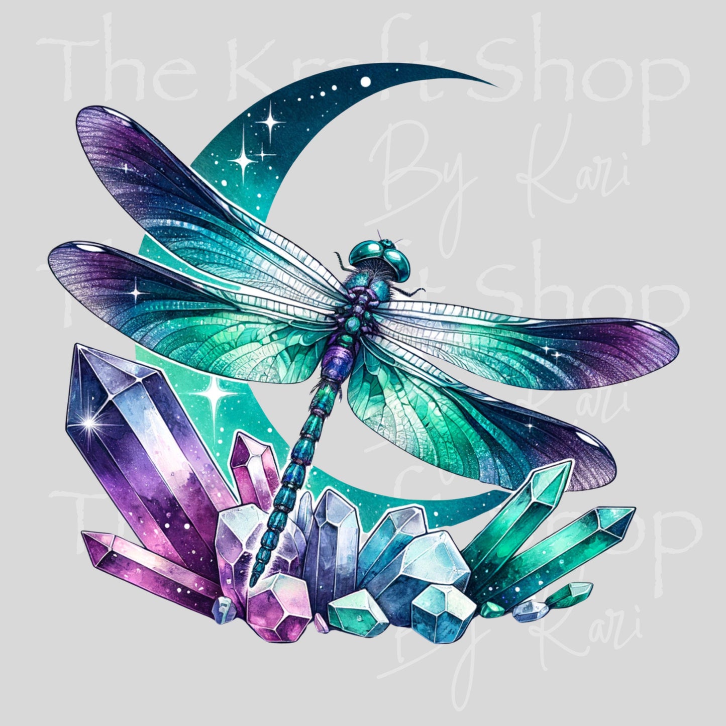 UV DTF Sticker print Green purple crystal dragonfly with moon decal, tumbler decal, permanent sticker. #10353