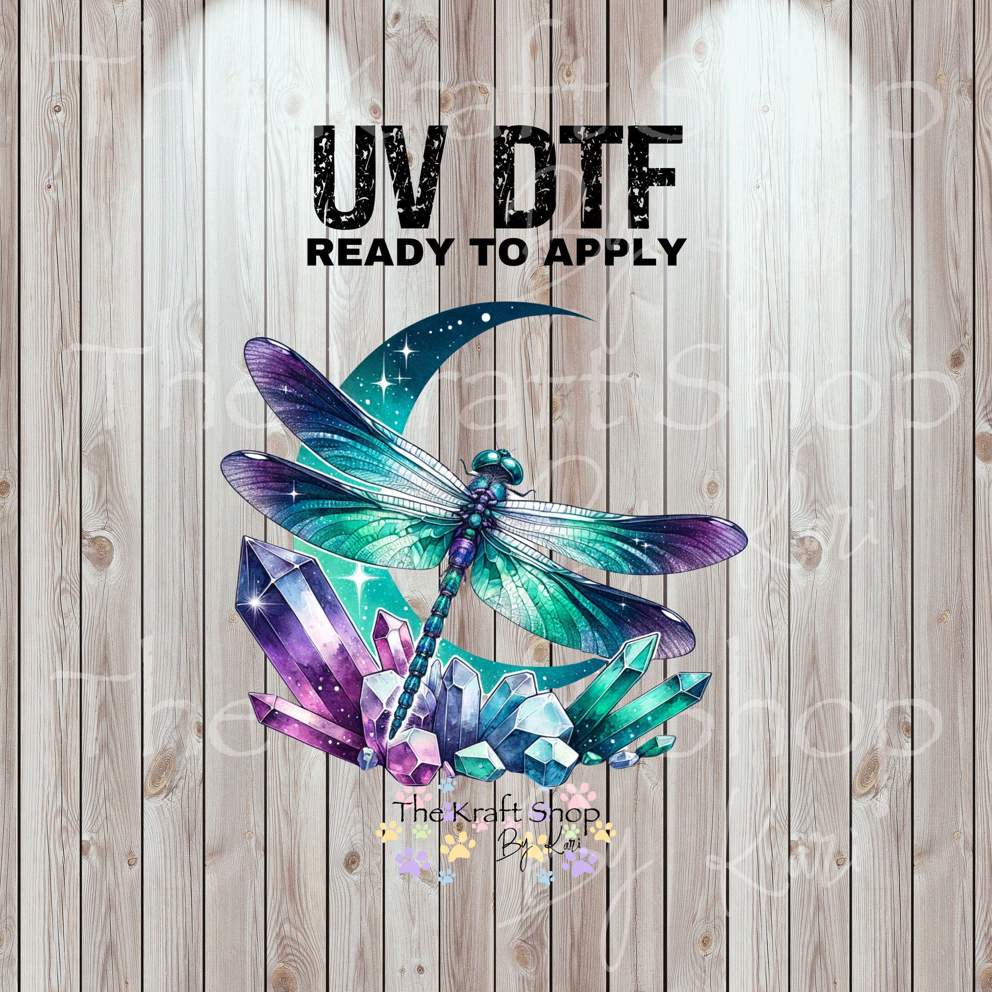 UV DTF Sticker print Green purple crystal dragonfly with moon decal, tumbler decal, permanent sticker. #10353