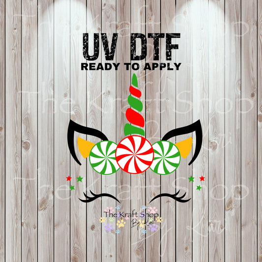 UV DTF Sticker print Unicorn Christmas with eyelashes and mint candy decal, tumbler decal, permanent sticker. #7478