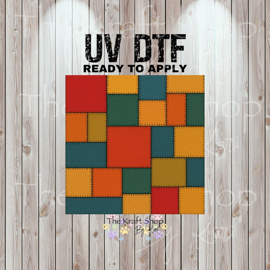 UV DTF Sticker prints. Patchwork square fall colors tumbler template decal, permanent sticker. #10338