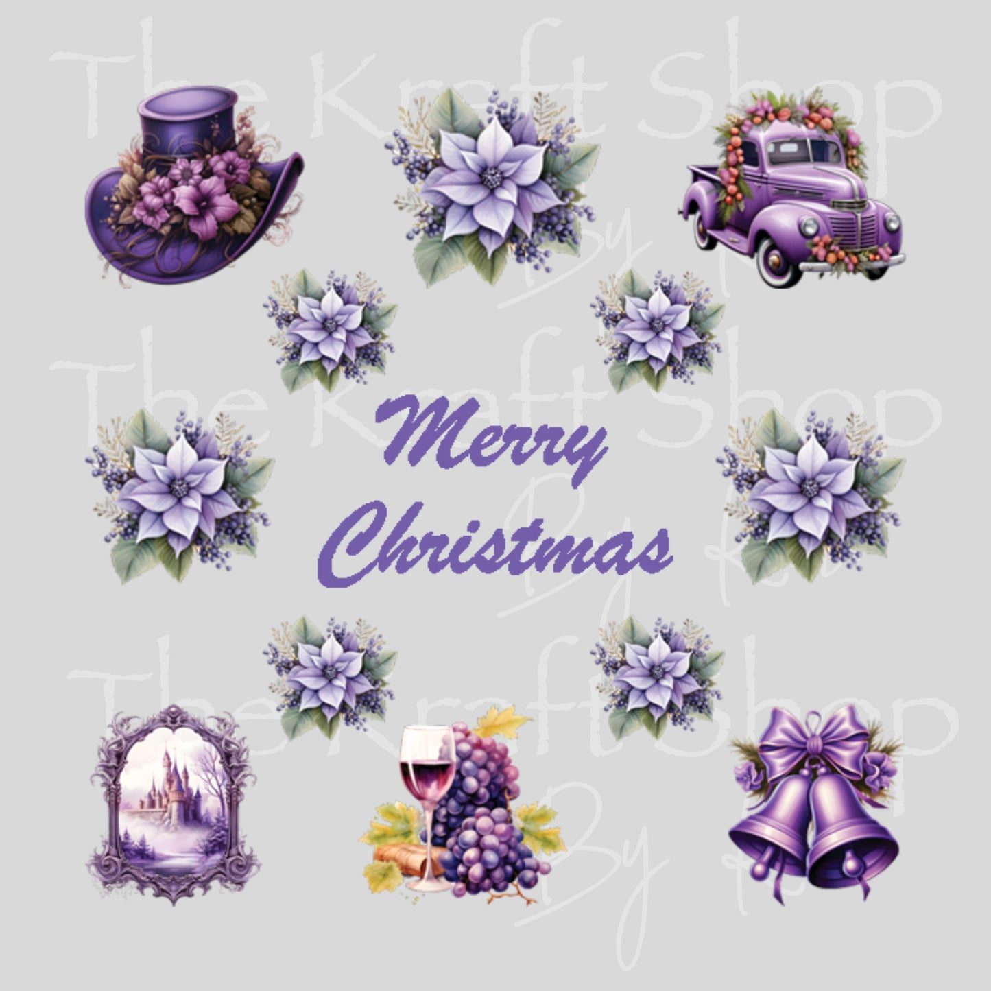 UV DTF Sticker print Purple Merry Christmas Element sheet 8x8 decal, tumbler decal, permanent sticker. #7457