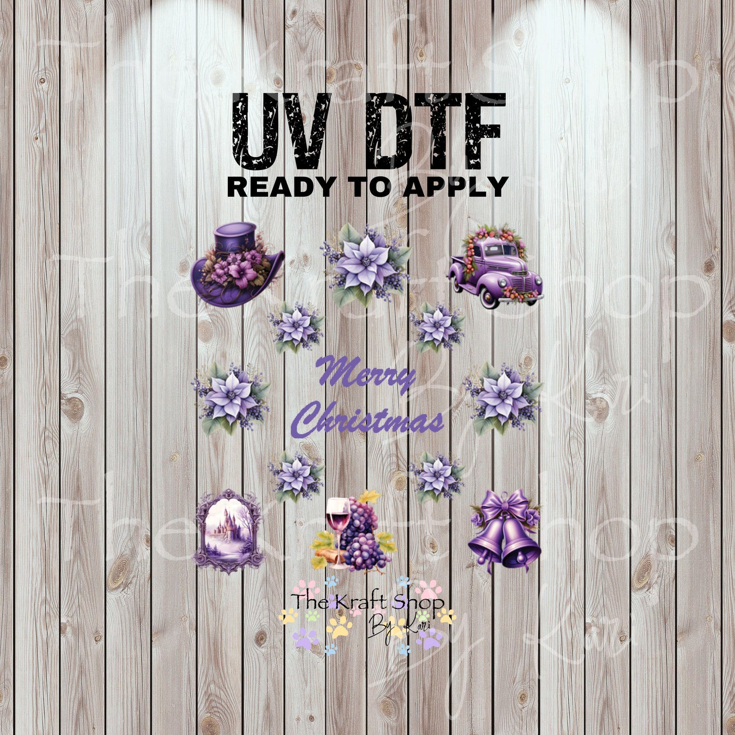 UV DTF Sticker print Purple Merry Christmas Element sheet 8x8 decal, tumbler decal, permanent sticker. #7457