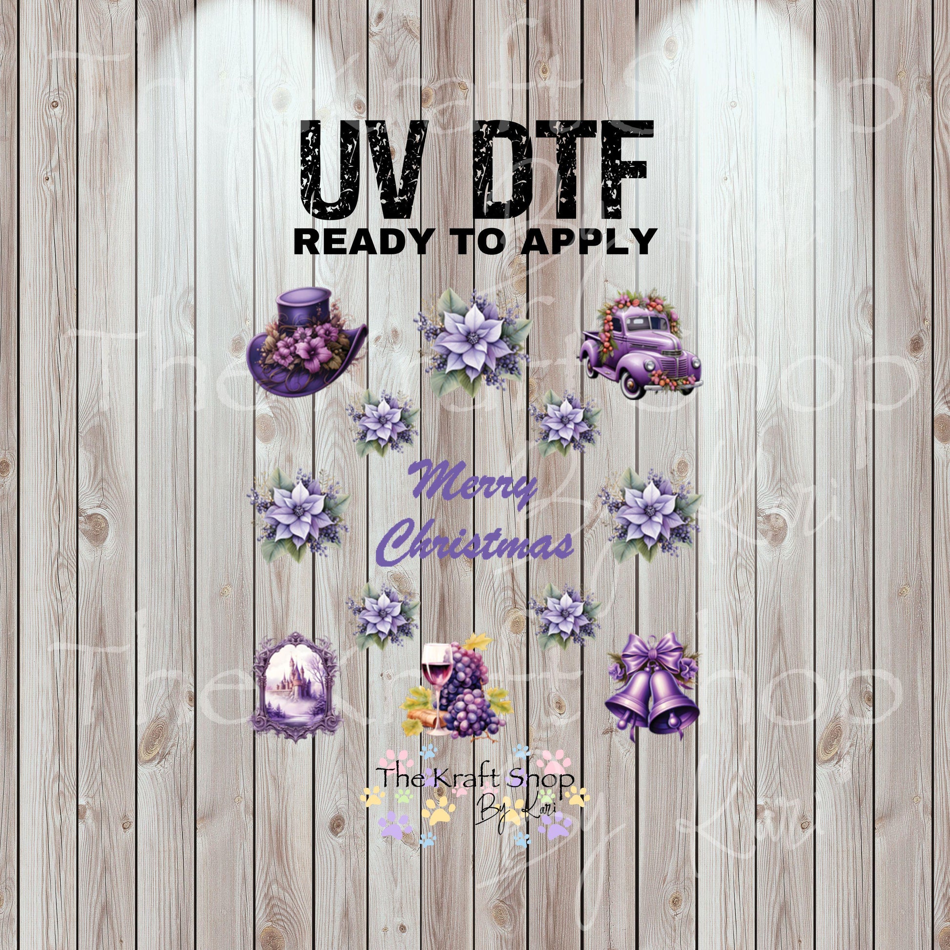 UV DTF Sticker print Purple Merry Christmas Element sheet 8x8 decal, tumbler decal, permanent sticker. #7457