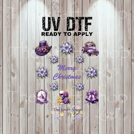 UV DTF Sticker print Purple Merry Christmas Element sheet 8x8 decal, tumbler decal, permanent sticker. #7457