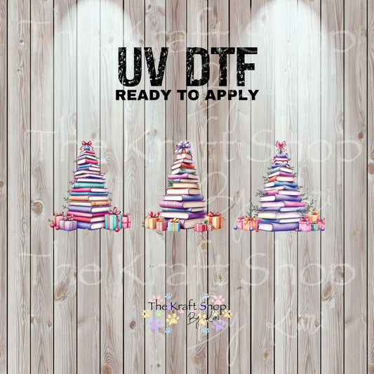 UV DTF Sticker prints. Book trees with bows Christmas decals 3 pk, permanent sticker.#7458
