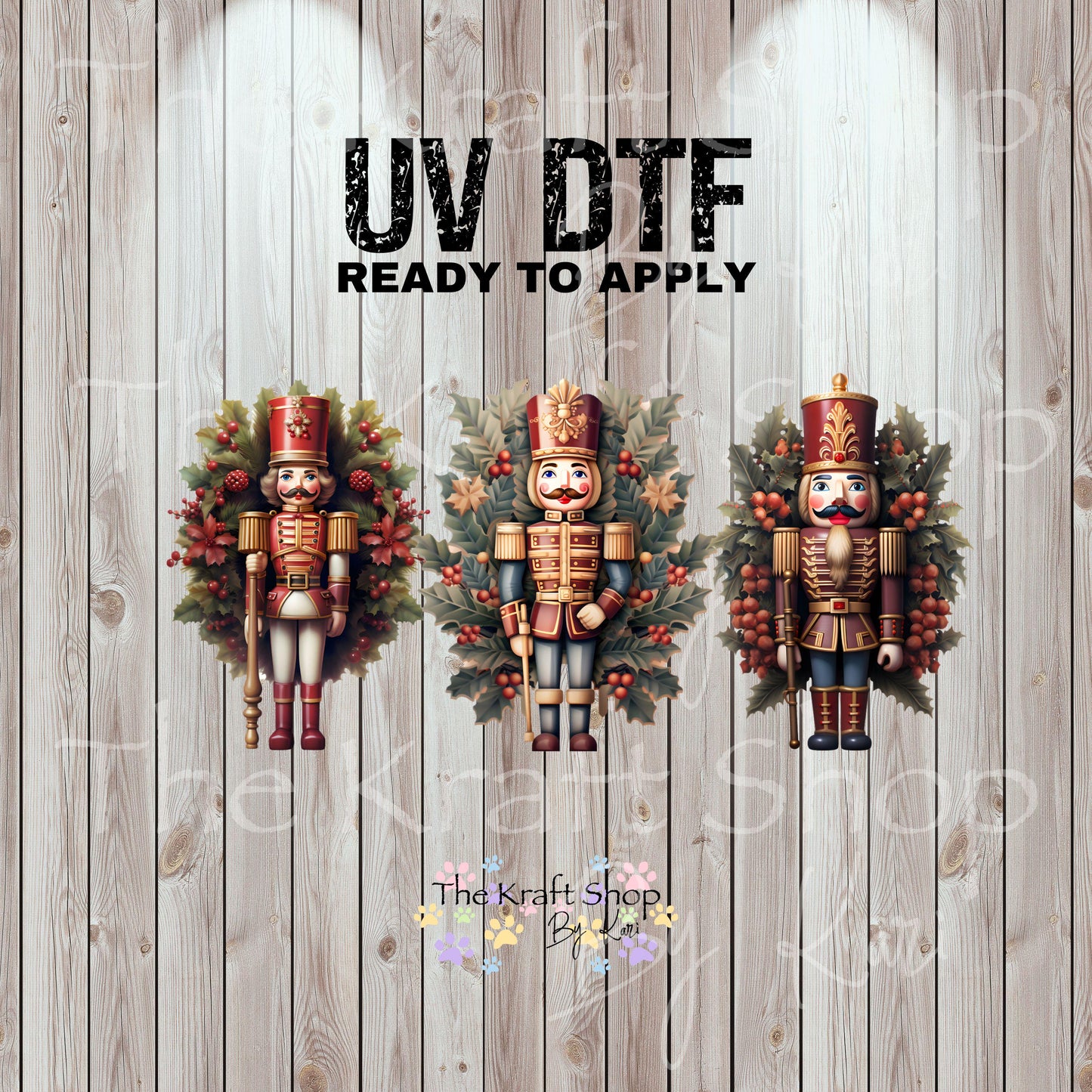UV DTF Sticker prints. Nutcrackers with wreath Christmas decals 3 pk, permanent sticker.#7460