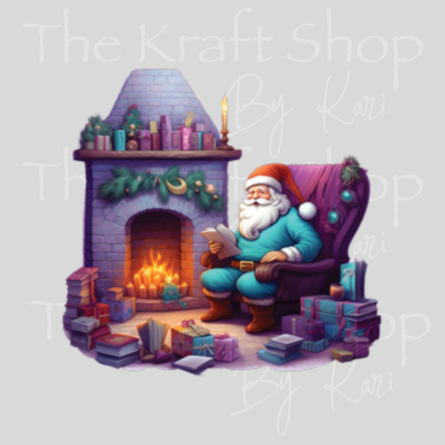 UV DTF Sticker print. Santa by the fireplace purple Christmas decal, tumbler decal, permanent sticker. #7463