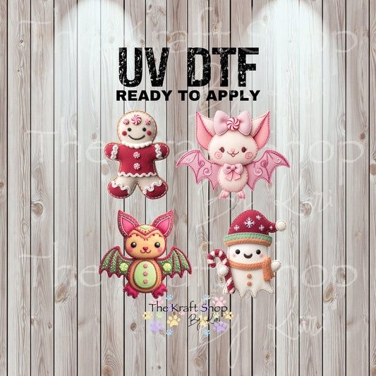 UV DTF Sticker prints. Halloween Christmas cookies embroidery decals 4 pk, permanent sticker.#7464