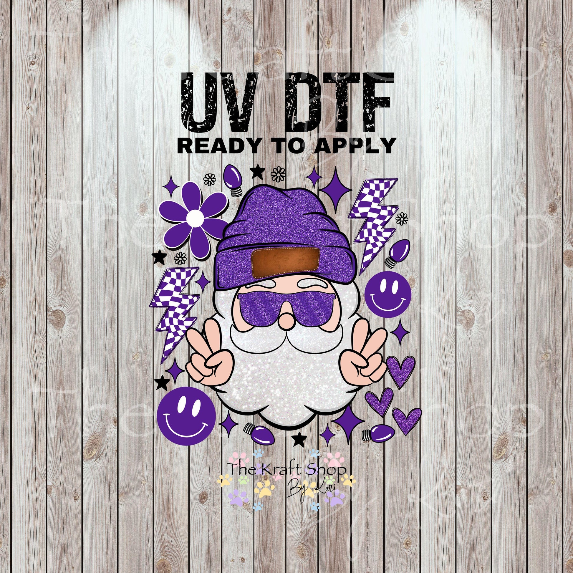 UV DTF Sticker print. Purple Groovy Santa peace smiley face checkered lightening bolt Christmas decal, tumbler decal #7465