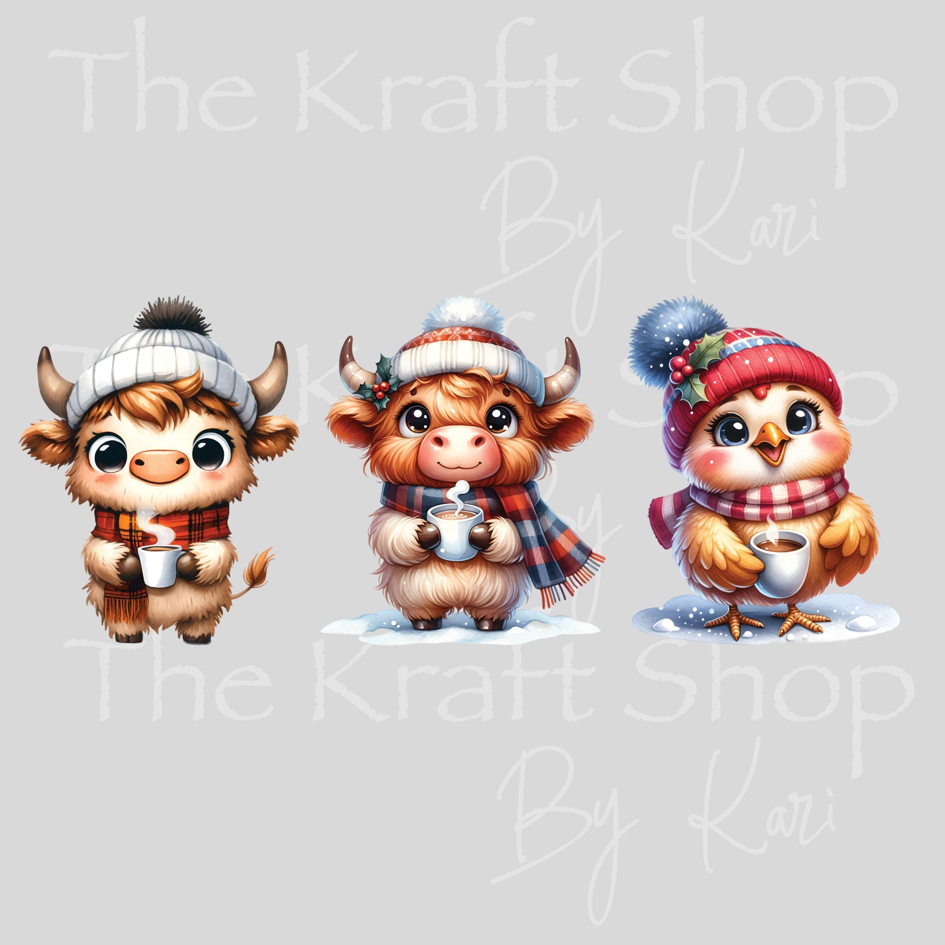 UV DTF Sticker prints. Cute hot cocoa animals Christmas decals 3 pk, permanent sticker.#7466