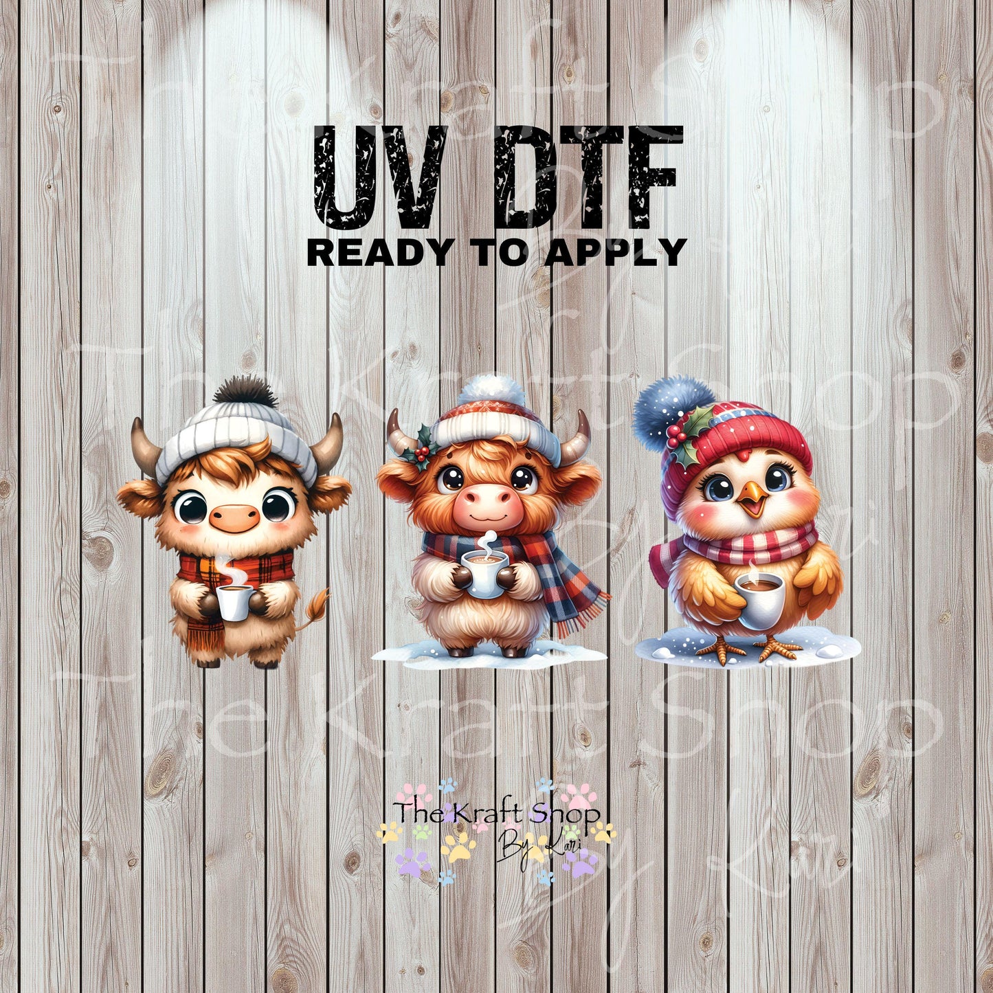 UV DTF Sticker prints. Cute hot cocoa animals Christmas decals 3 pk, permanent sticker.#7466
