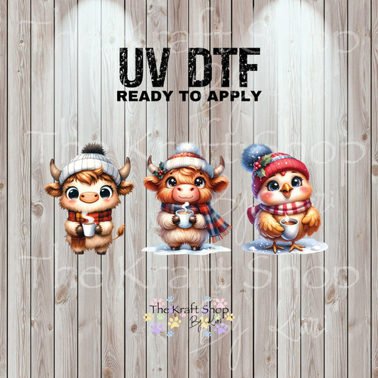 UV DTF Sticker prints. Cute hot cocoa animals Christmas decals 3 pk, permanent sticker.#7466