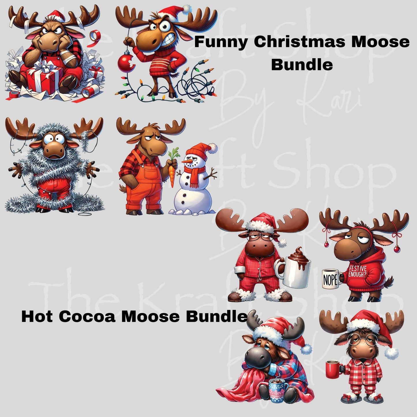 UV DTF Sticker prints. Funny Christmas Moose bundle or Hot Cocoa Moose decals 4 pk, permanent sticker.#7464