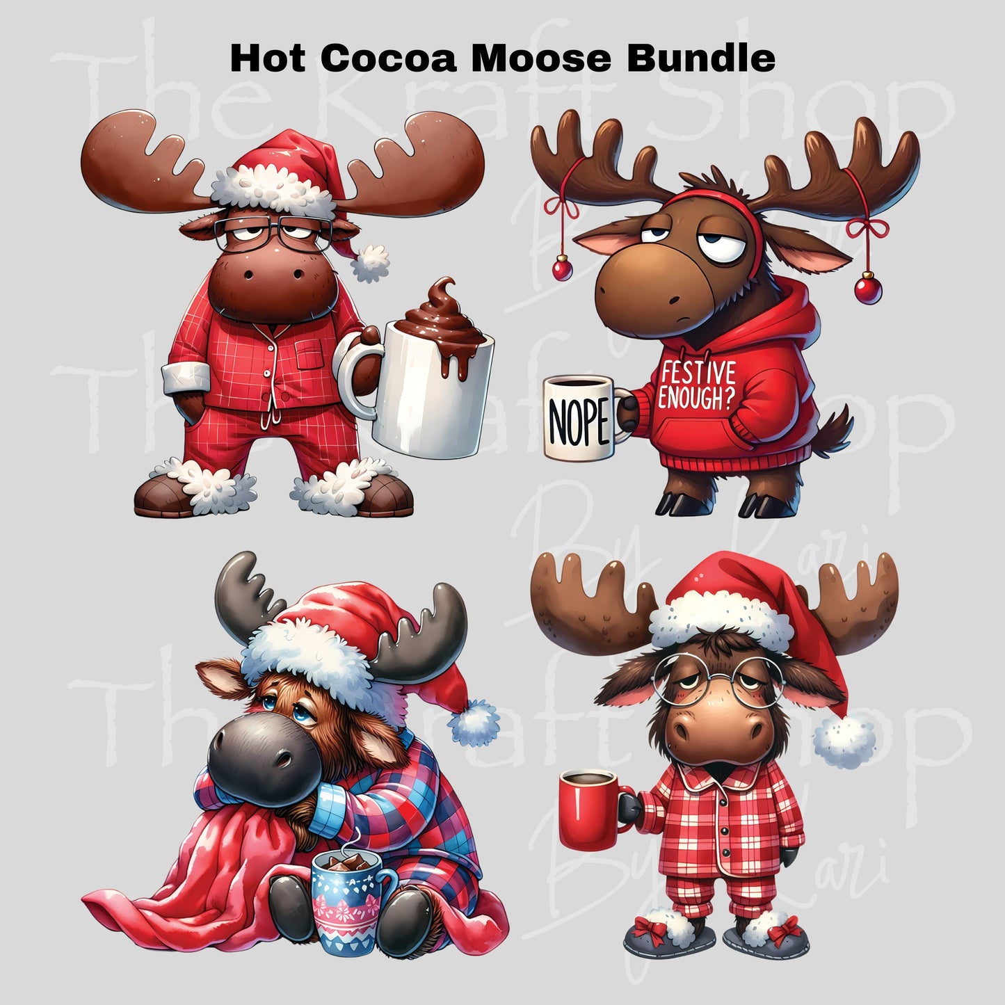 UV DTF Sticker prints. Funny Christmas Moose bundle or Hot Cocoa Moose decals 4 pk, permanent sticker.#7464